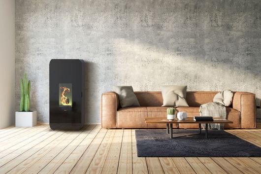 Salon contemporain avec canapé beige, table basse noire, tapis foncé, plante en pot et poêle contre un mur en béton.