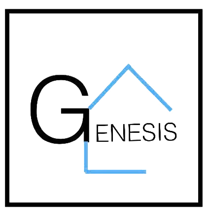 Logotipo de GENESIS con una &ldquo;G&rdquo; negra y el contorno de una casa azul sobre fondo blanco.