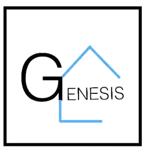 Logotipo de GENESIS con una “G” negra y el contorno de una casa azul sobre fondo blanco.