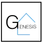 Logotipo de GENESIS con una “G” negra y el contorno de una casa azul sobre fondo blanco.