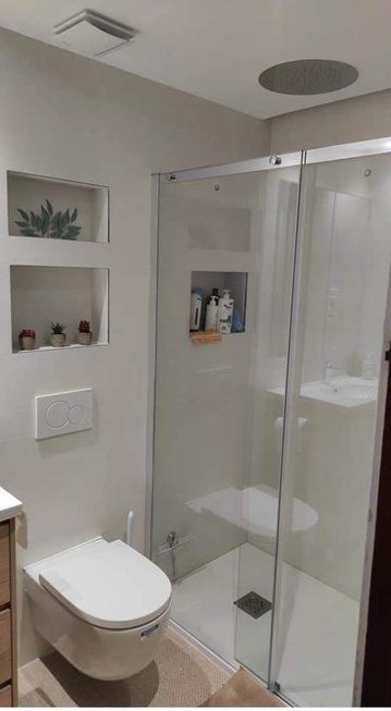 Un baño con inodoro, lavabo y ducha.