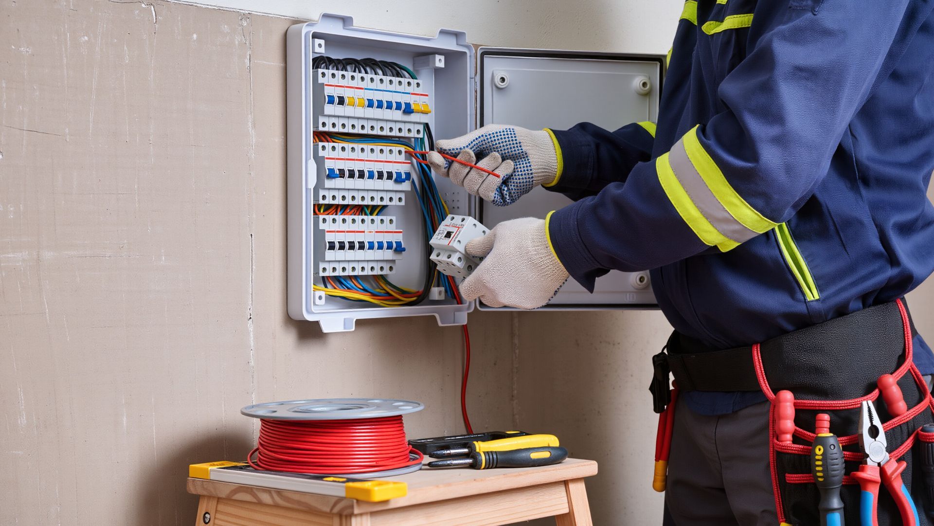 Elektriker in blauem Overall hält eine Kabeltrommel neben einem offenen Verteilerkasten und aufgewickelten Drähten.