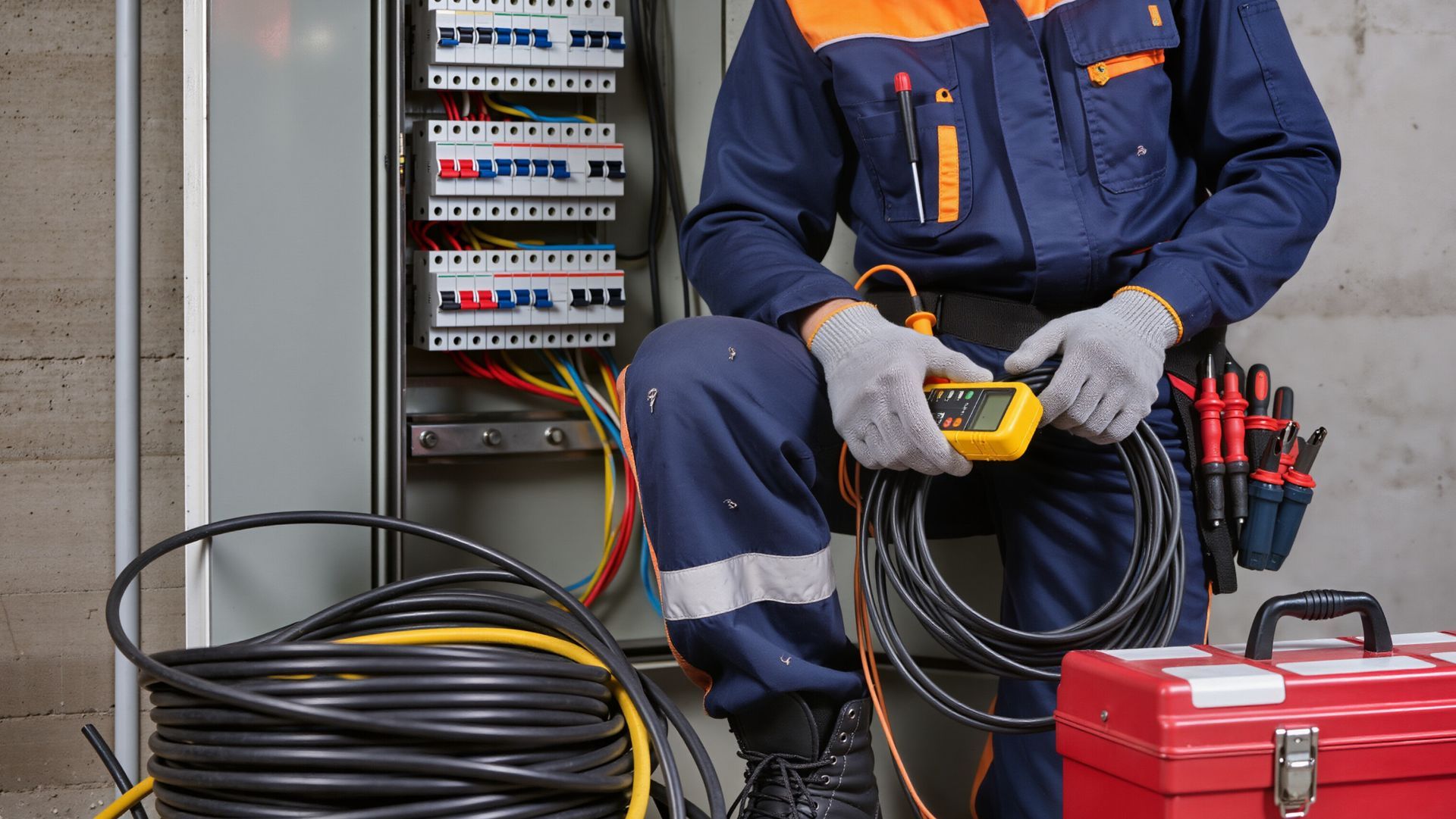Ein Elektriker mit gelbem Schutzhelm verdrahtet einen Sicherungskasten an der Wand mit bunten Kabeln.