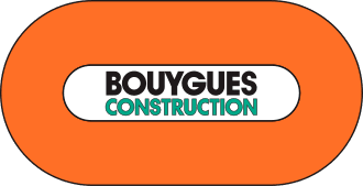 Logo de Bouygues Construction sur fond de rectangle orange arrondi