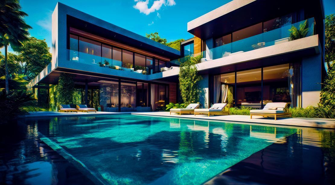 Una moderna villa de lujo de dos plantas con piscina y tumbonas, rodeada de exuberante vegetación bajo un cielo azul.