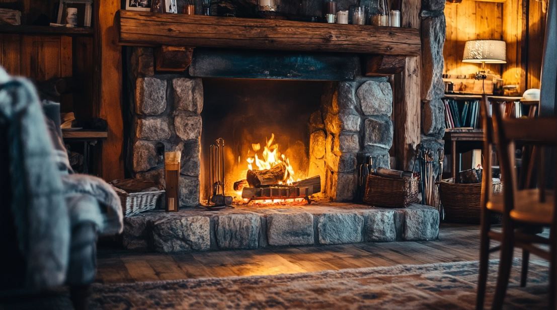 Una acogedora chimenea de piedra con un fuego crepitante