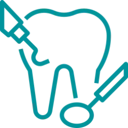 Contorno verde azulado de un diente con herramientas dentales: un palillo y un espejo.