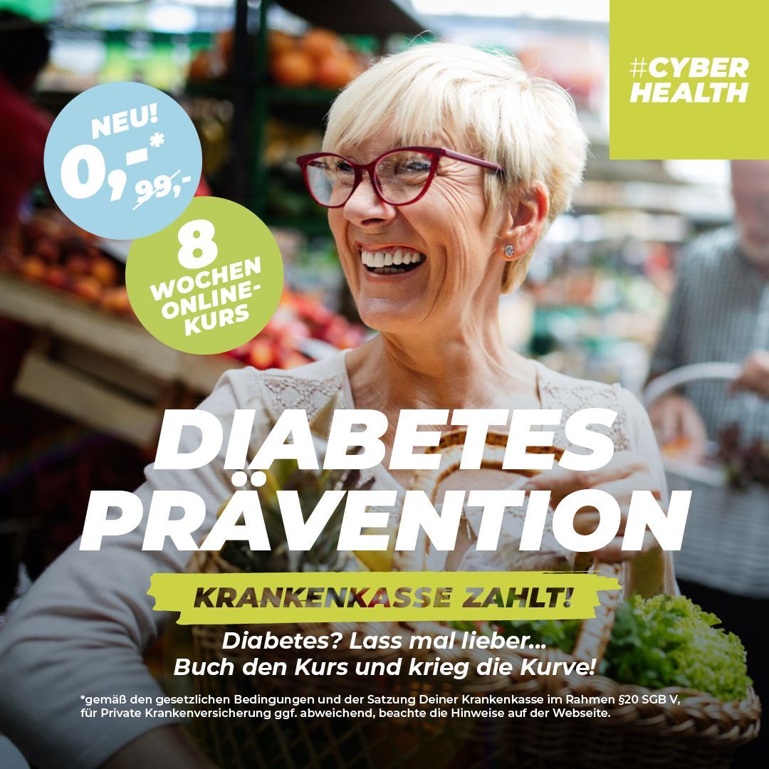 In einer Werbung zur Diabetesprävention lächelt eine Frau mit Brille.