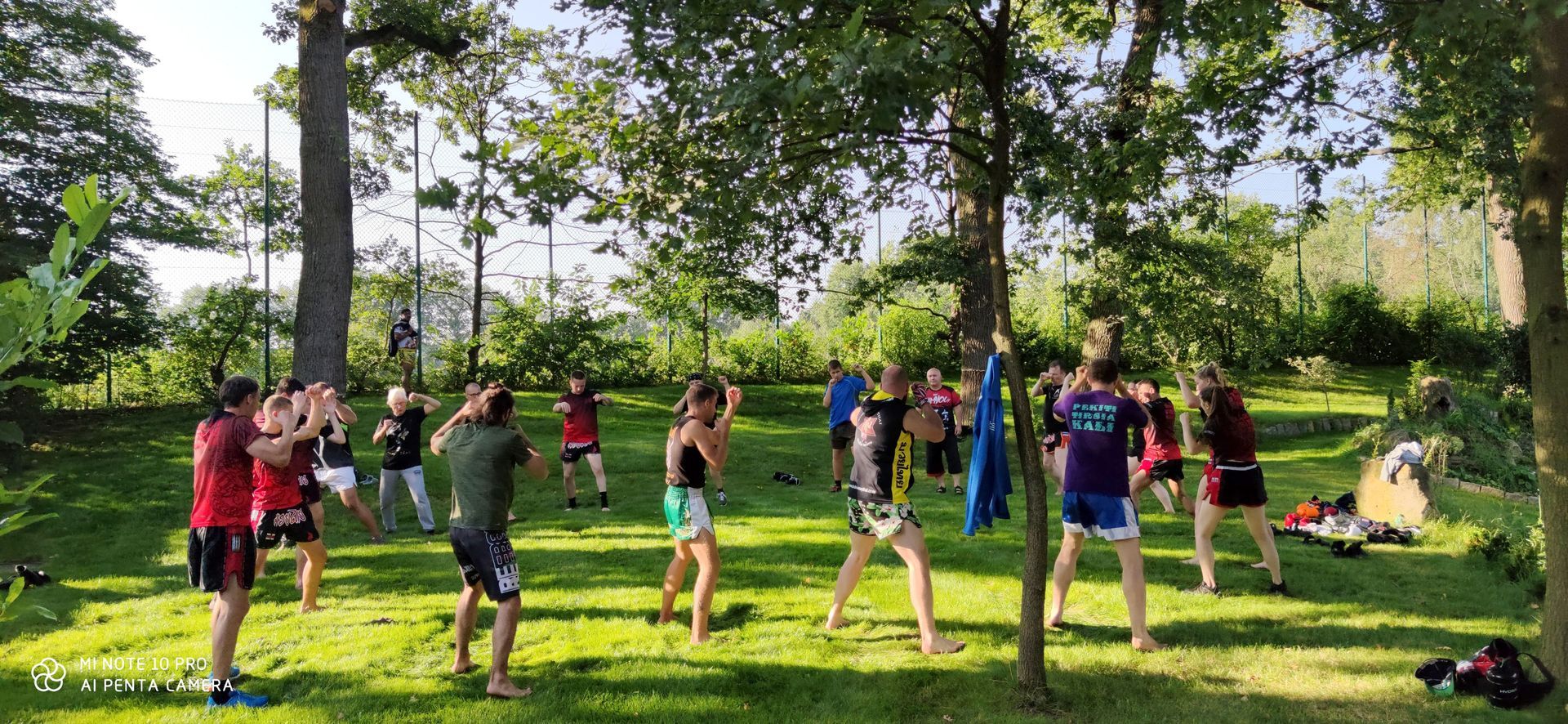 Eine Gruppe von Menschen übt in einem Park Kampfsport.