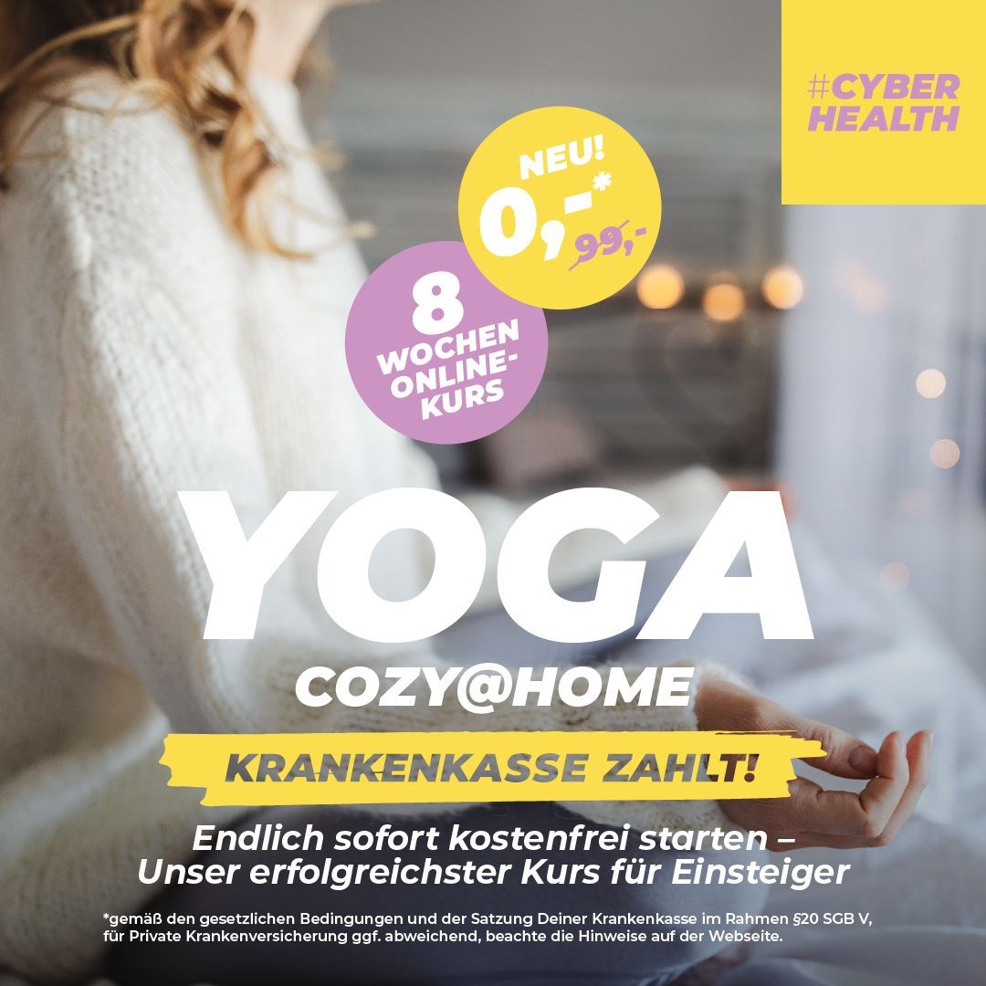 Eine Werbung für Yoga Cozy @ Home zeigt eine Frau mit einem Laptop