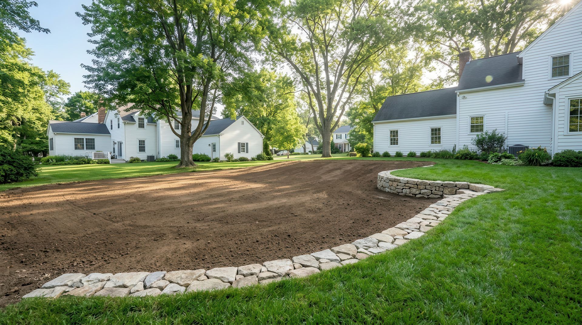 Grand jardin labouré avec une haie, des arbres et un petit abri sous un ciel nuageux.