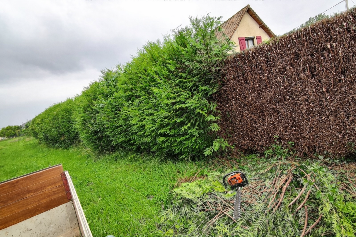 Jardin avec des haies soigneusement taillées, un tas de branches coupées et une maison en arrière-plan sous un ciel nuageux