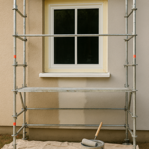 Échafaudage installé pour peindre le mur extérieur beige; rouleau et seau à la base, fenêtre au-dessus.