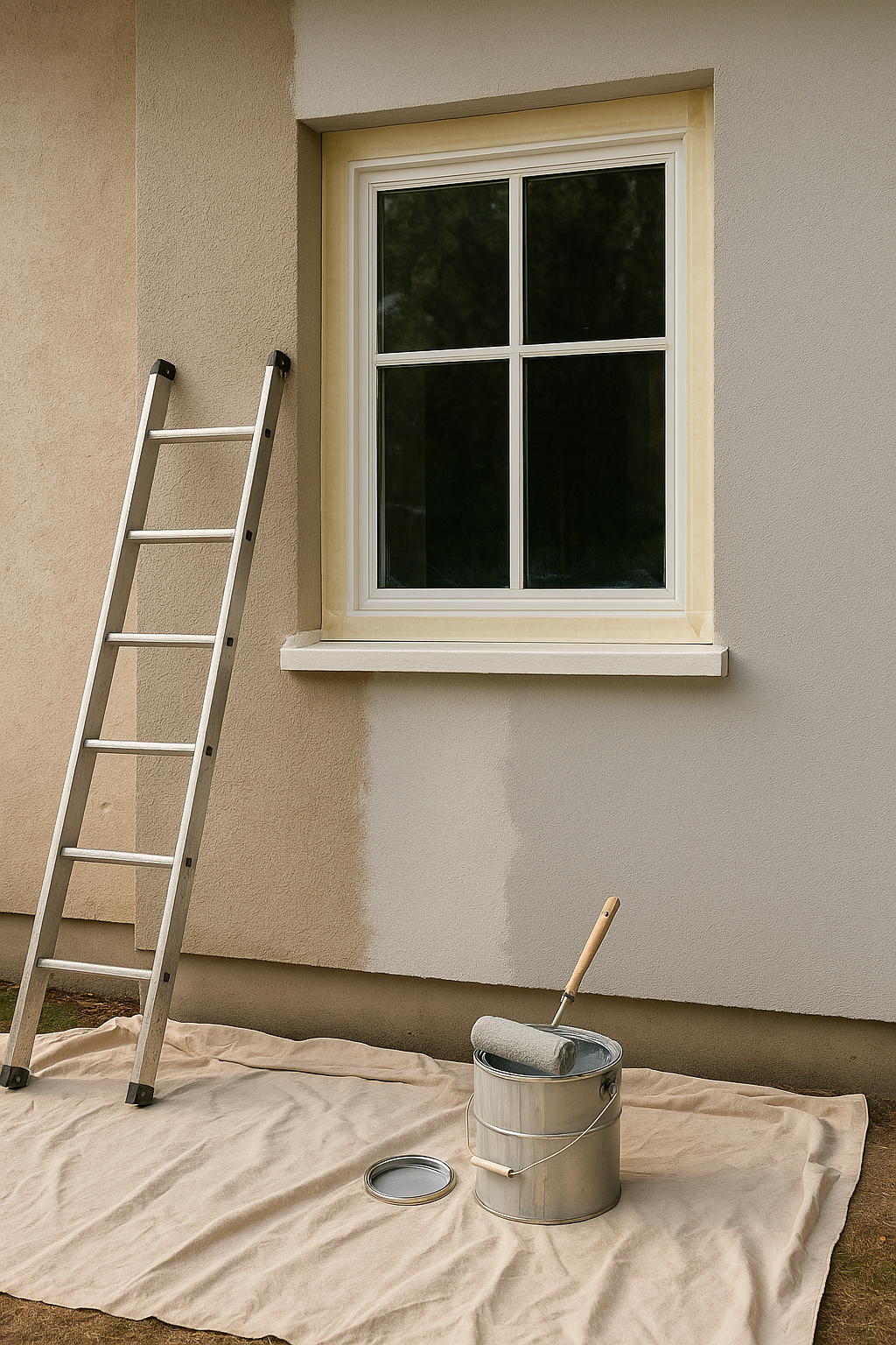 Échelle appuyée contre un mur beige, à moitié peint en gris clair. Rouleau et seau à peinture sur une bâche. Fenêtre.
