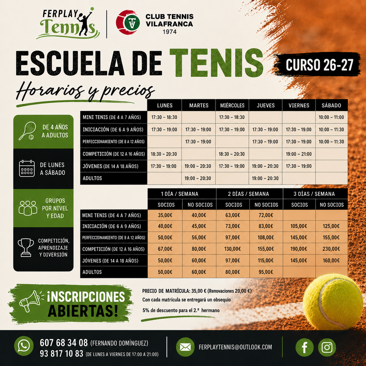 Poster de escuela de tenis 26-27 con horarios, precios e inscripciones abiertas, en blanco, negro, verde y naranja.