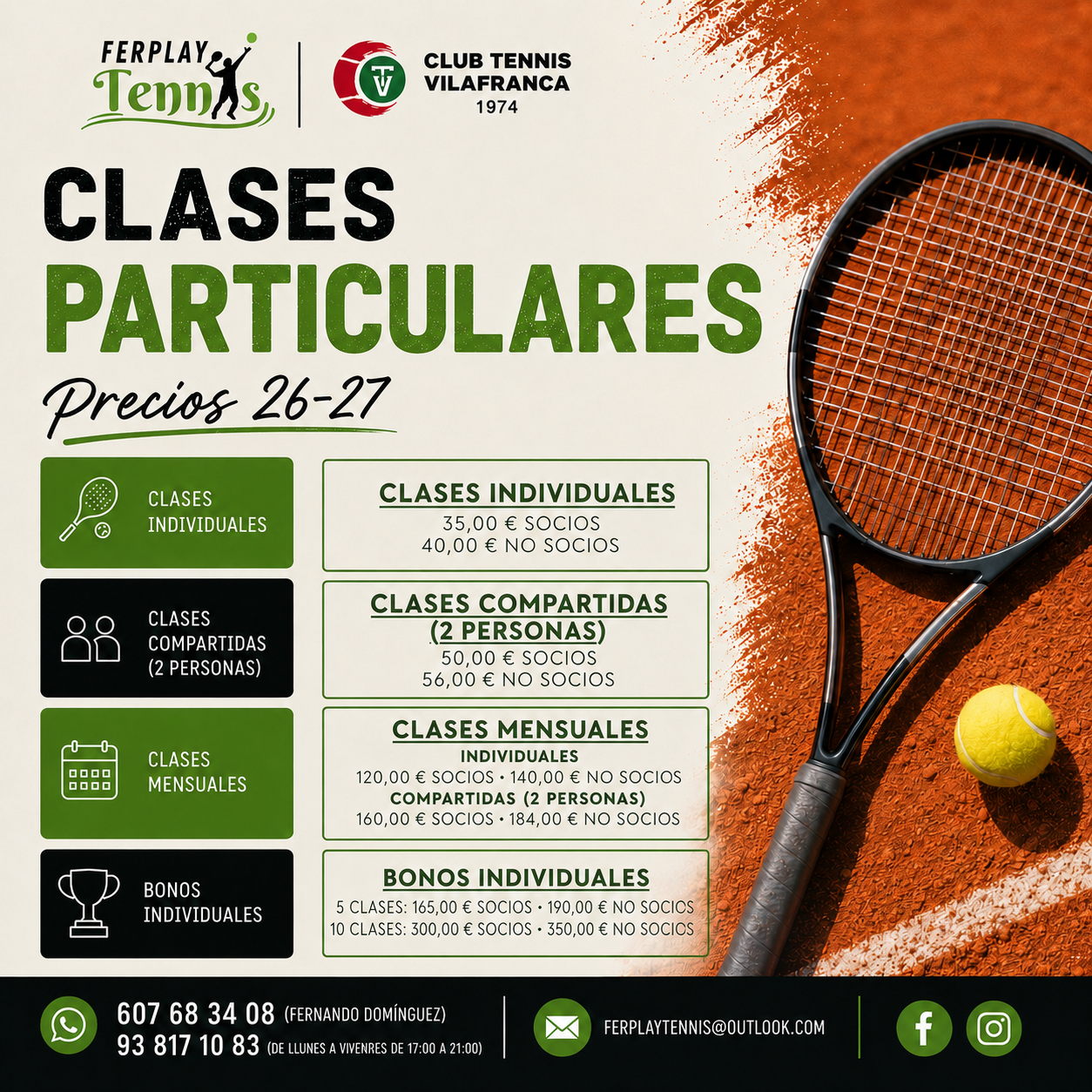 Clases particulares de tenis, con precios 26-27, raqueta y pelota sobre fondo blanco y naranja.