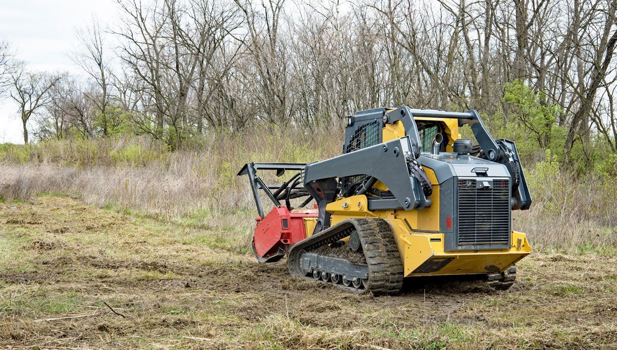 Machine à chenilles jaune pour le débroussaillage en forêt