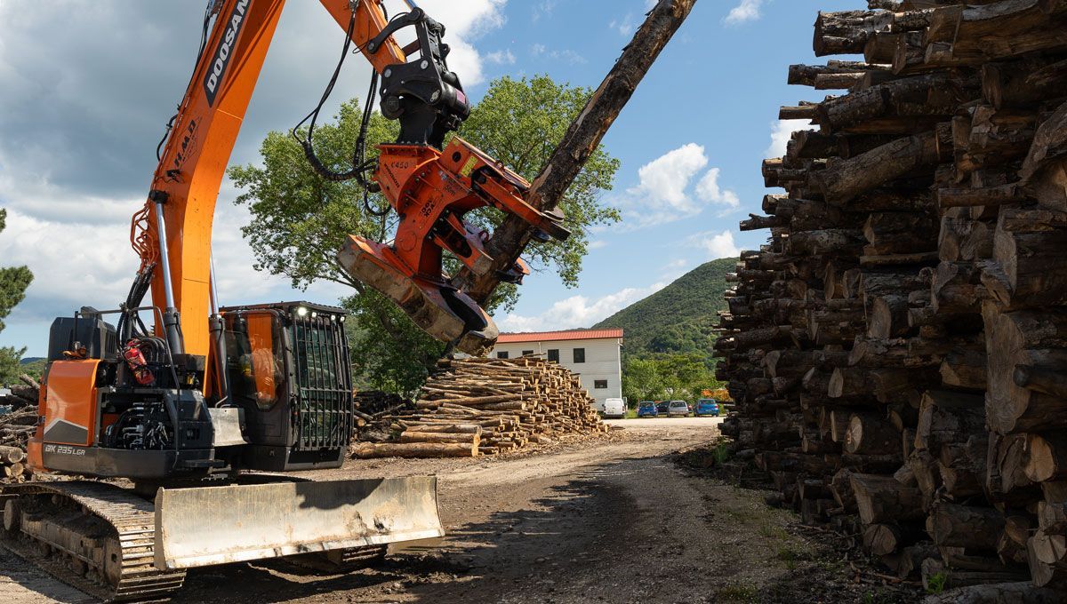 Pelleteuse orange qui prend des troncs d'arbres