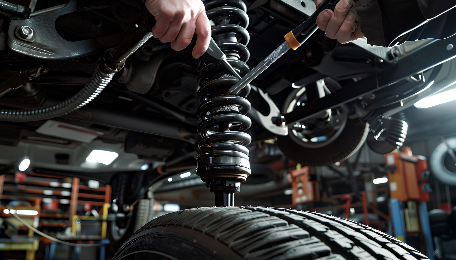 Gros plan d'un homme qui tient des outils sur un amortisseur.
