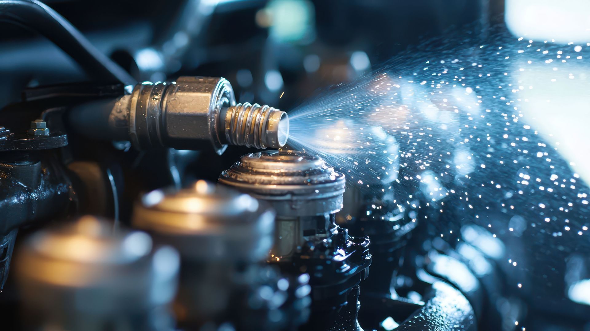 Gros plan sur les injecteurs de carburant qui pulvérisent l'essence.