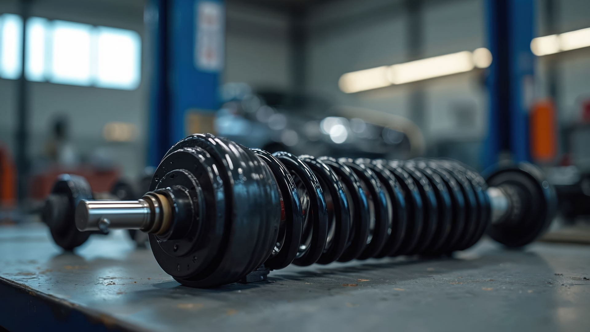 Amortisseur de voiture avec un ressort hélicoïdal.