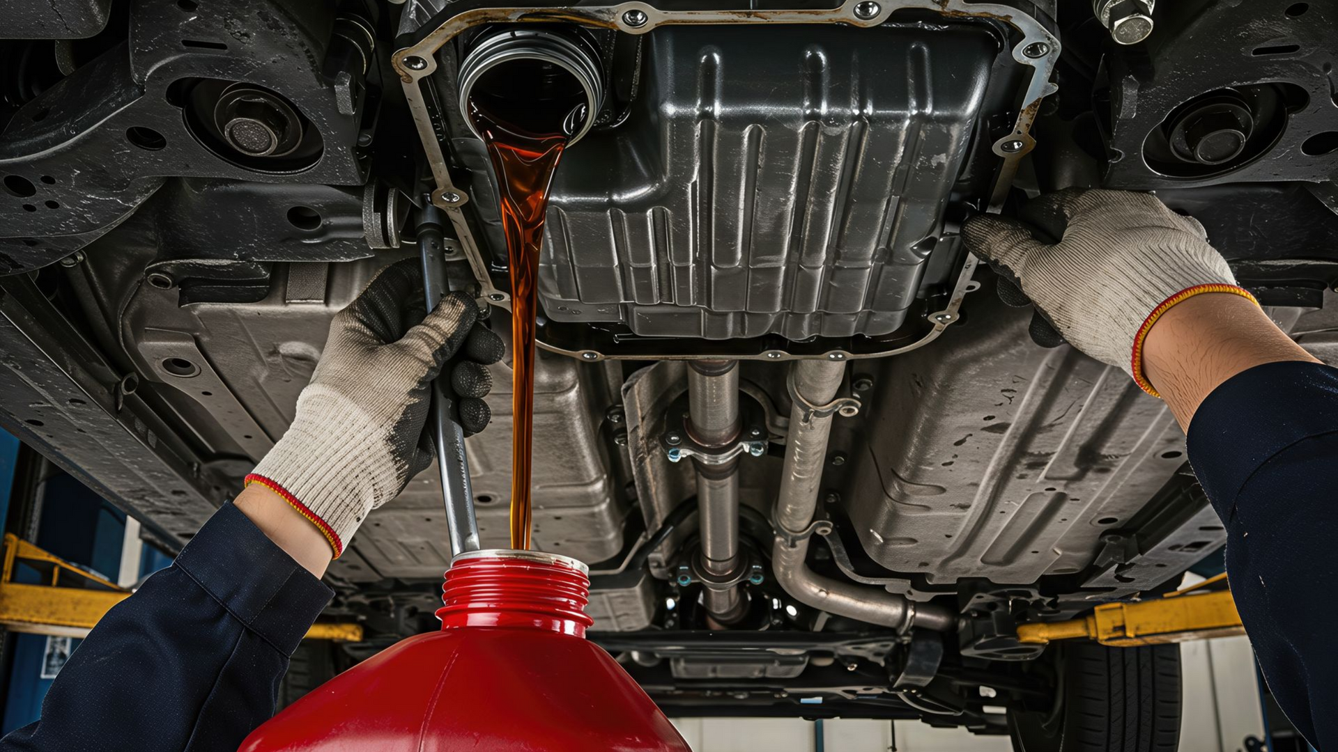 Vidange de l'huile moteur usagée d'un véhicule.