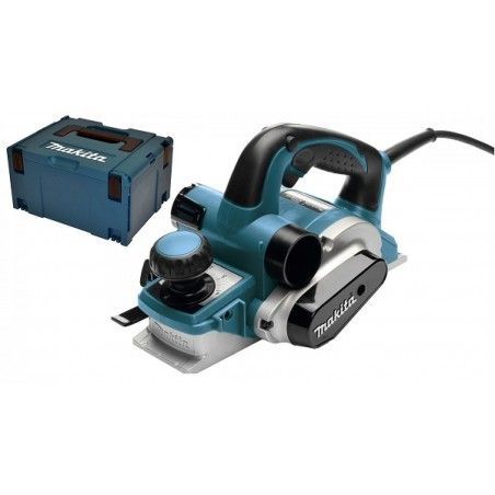 Una pialla Makita con una scatola attaccata su uno sfondo bianco.