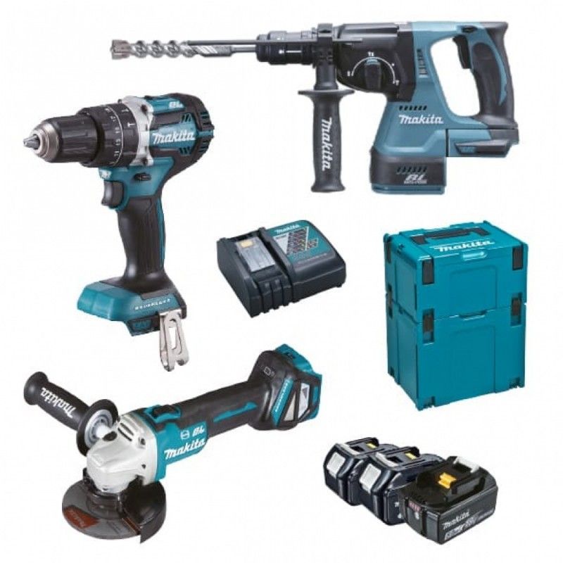 Un set di utensili Makita tra cui un trapano e una smerigliatrice