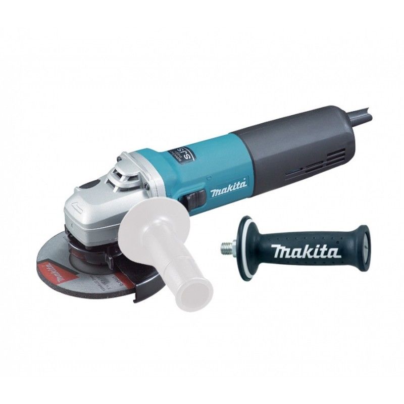 Una smerigliatrice Makita con manico bianco su sfondo bianco