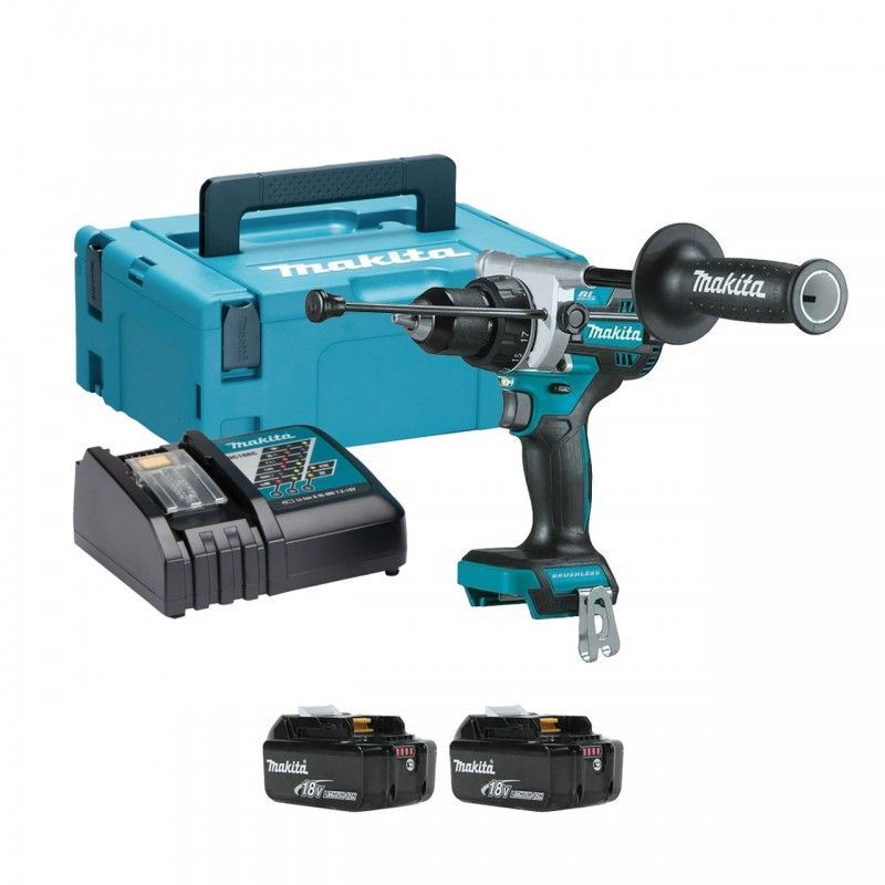 Un trapano a batteria Makita con due batterie e un caricabatterie.