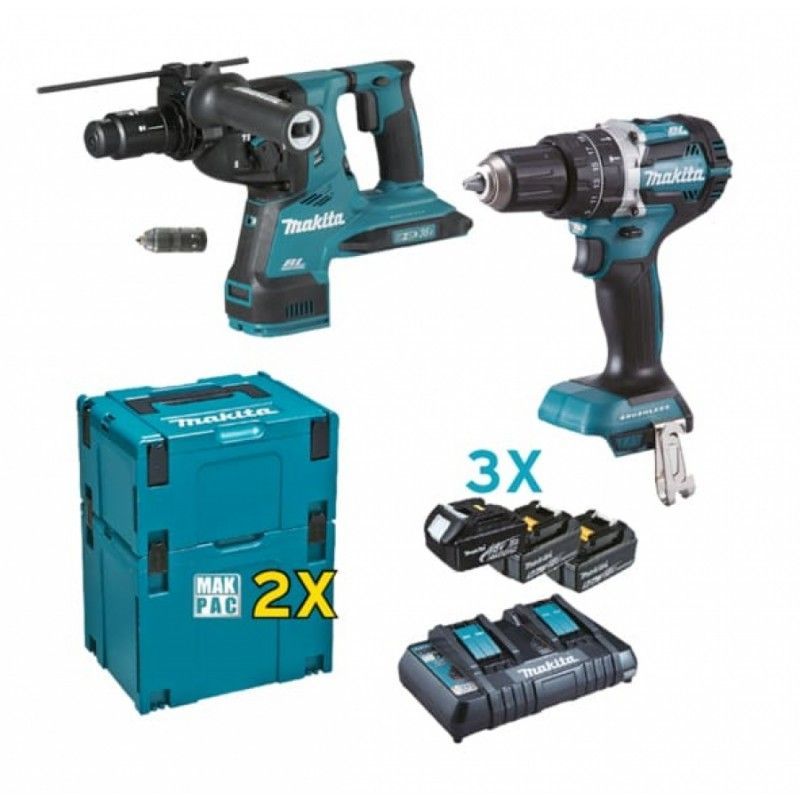 Un trapano avvitatore a batteria Makita e un trapano a percussione con 3 batterie