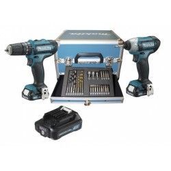 Un trapano avvitatore a batteria Makita e un cacciavite a batteria Makita in una custodia.