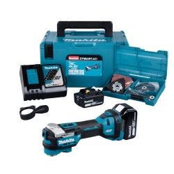 Un utensile multifunzione a batteria Makita con caricabatterie e scatola.