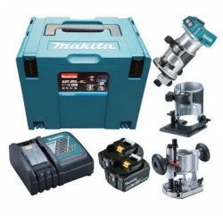 Una fresatrice Makita con caricabatteria e due batterie.