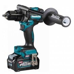 Un trapano avvitatore a batteria Makita brushless con batteria e caricabatteria.
