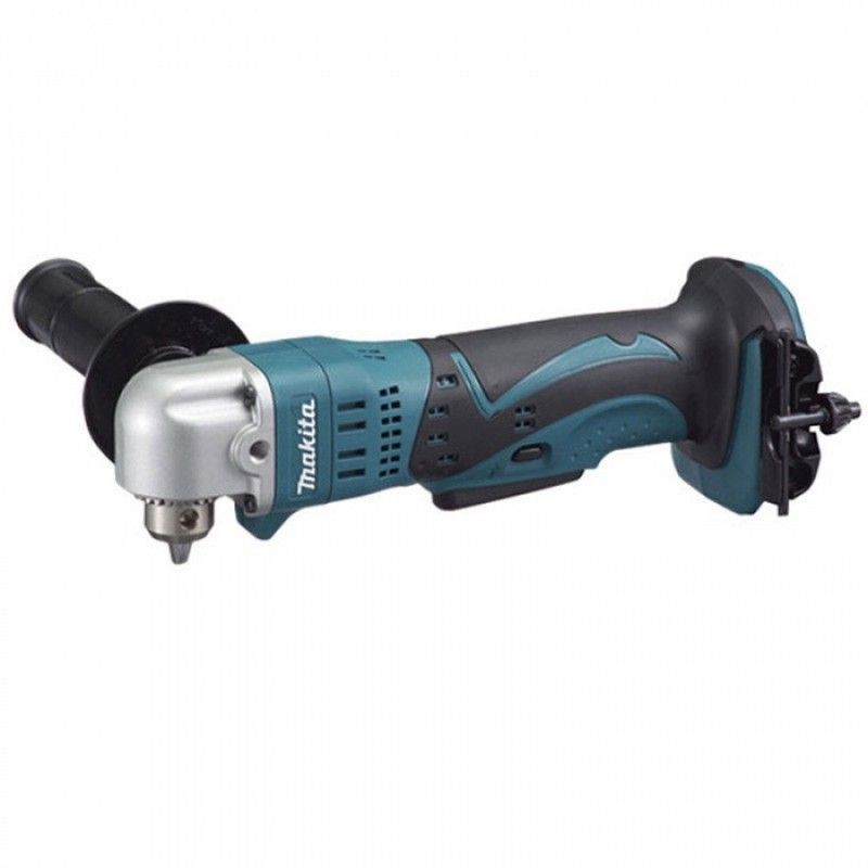 Un trapano angolare a batteria Makita è mostrato su uno sfondo bianco.
