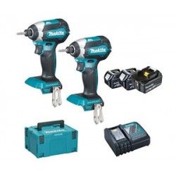 Un set trapano avvitatore a batteria e avvitatore a impulsi Makita con due batterie e un caricabatteria.