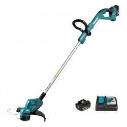 Un tagliabordi a batteria Makita con batteria e caricabatteria.