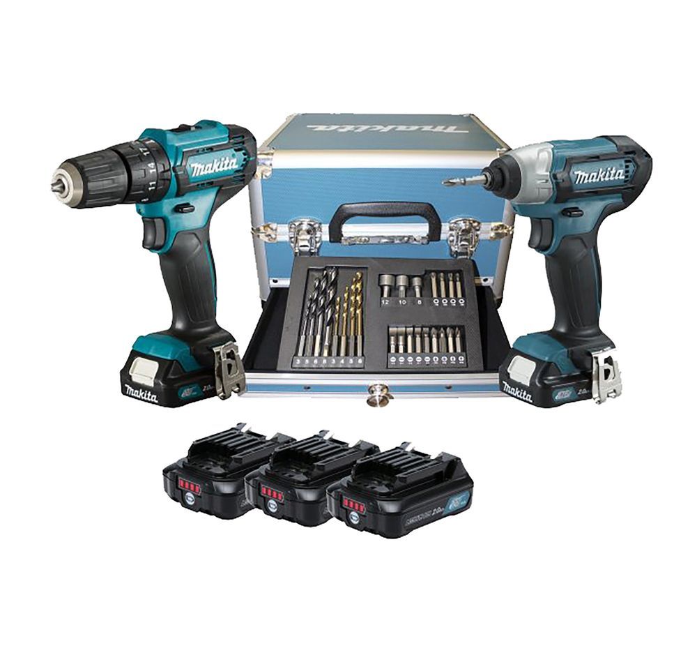 Un set di trapano avvitatore a batteria e avvitatore a impulsi Makita con custodia.