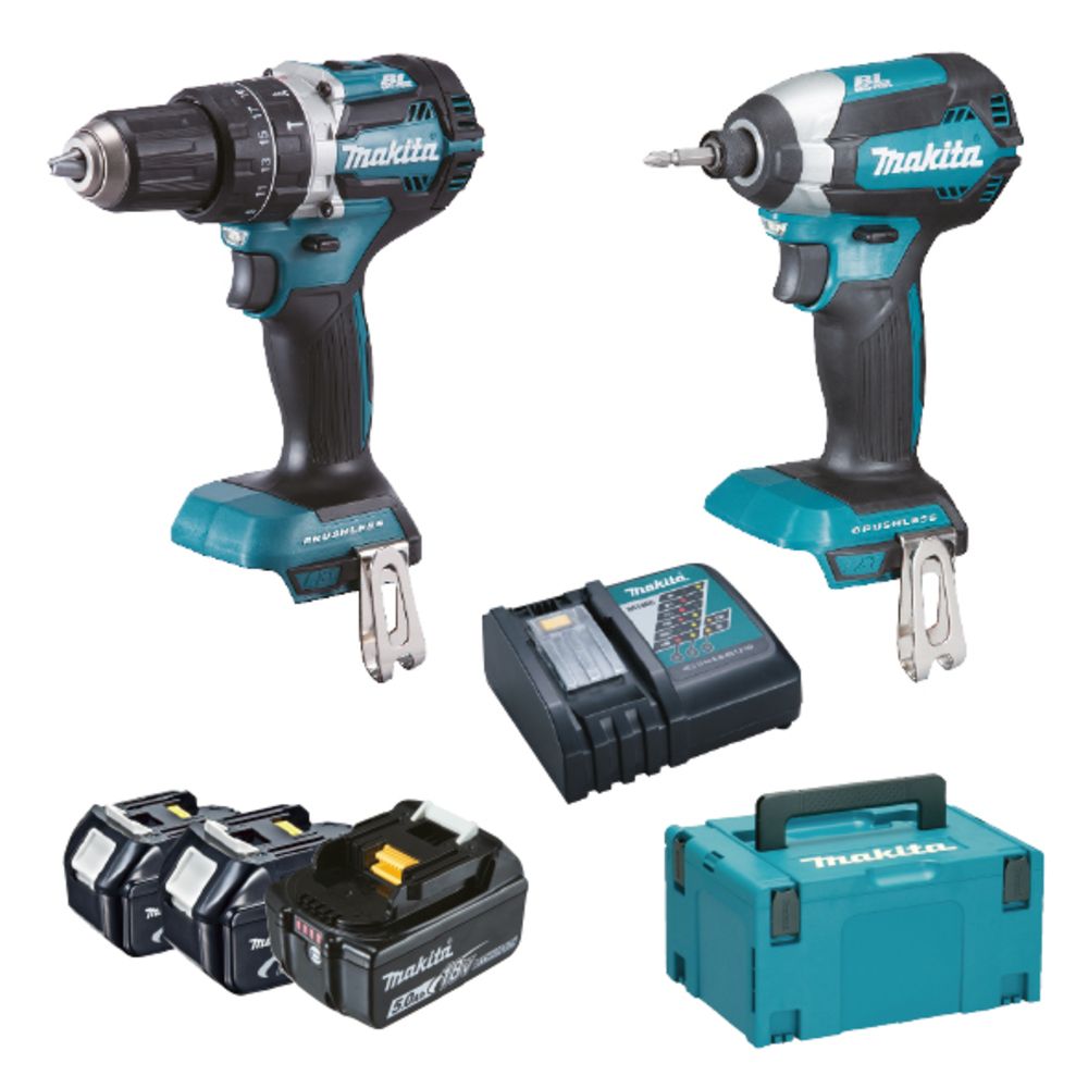 Un trapano Makita e un cacciavite Makita sono posizionati uno accanto all'altro su uno sfondo bianco.