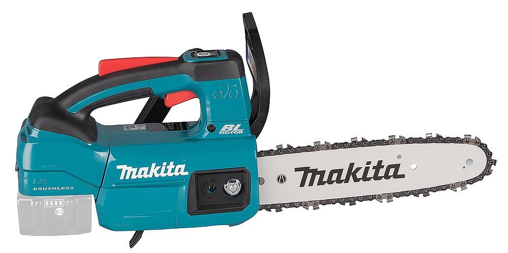 Una motosega Makita è raffigurata su uno sfondo bianco.