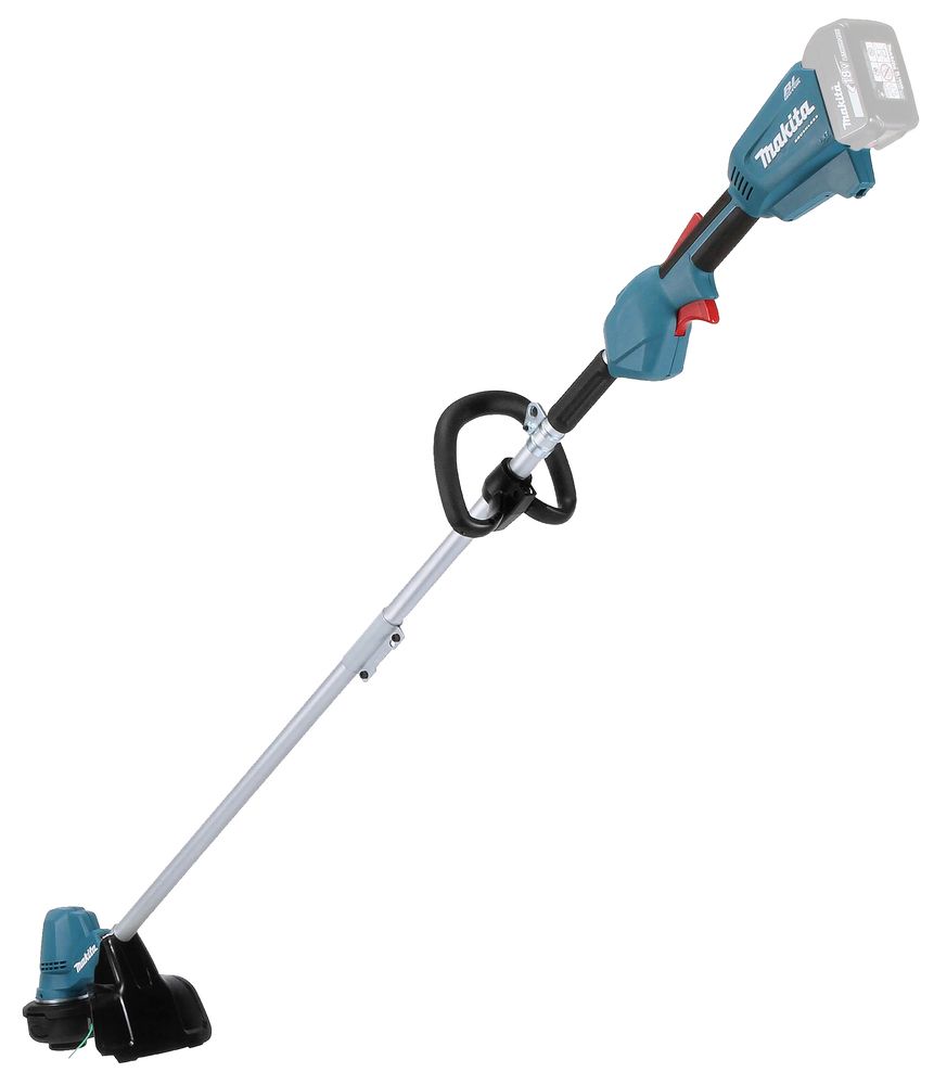 Un decespugliatore Makita è appoggiato su una superficie bianca.