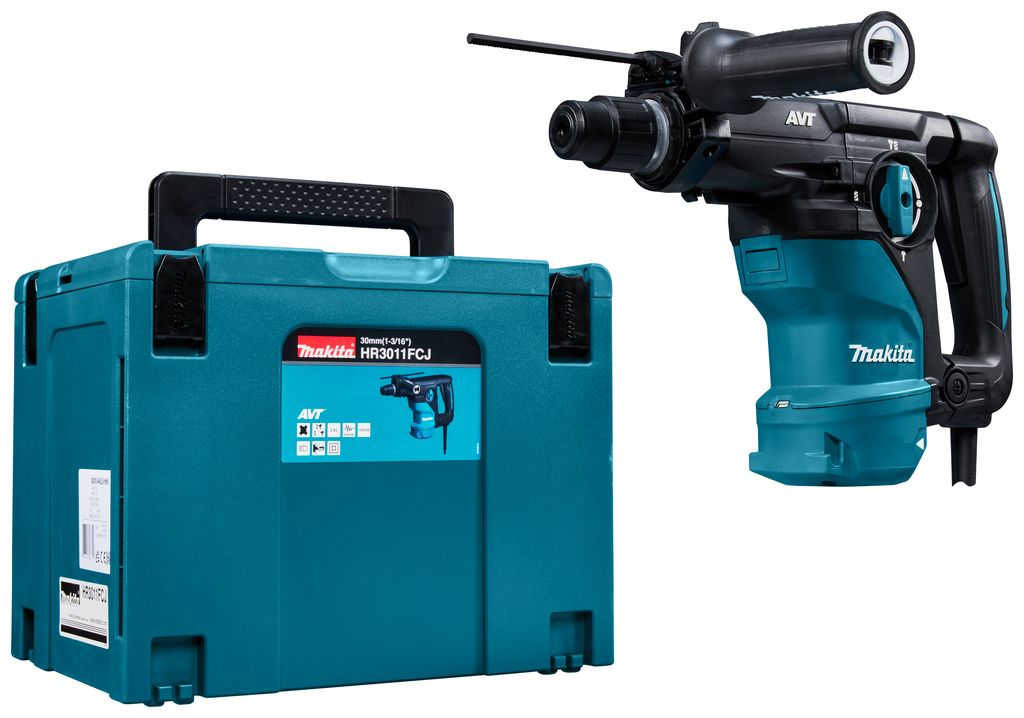Un martello Makita è appoggiato accanto a una scatola blu.