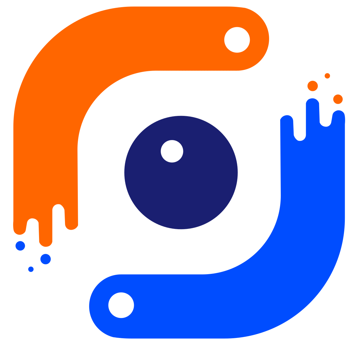 Un logo blu e arancione con un occhio al centro