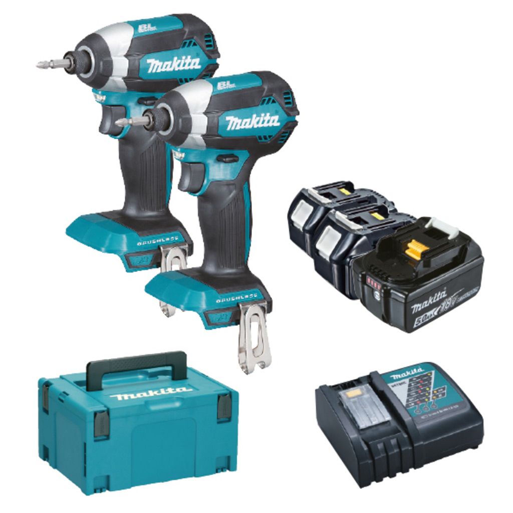 Un trapano a batteria Makita con due batterie e un caricabatterie