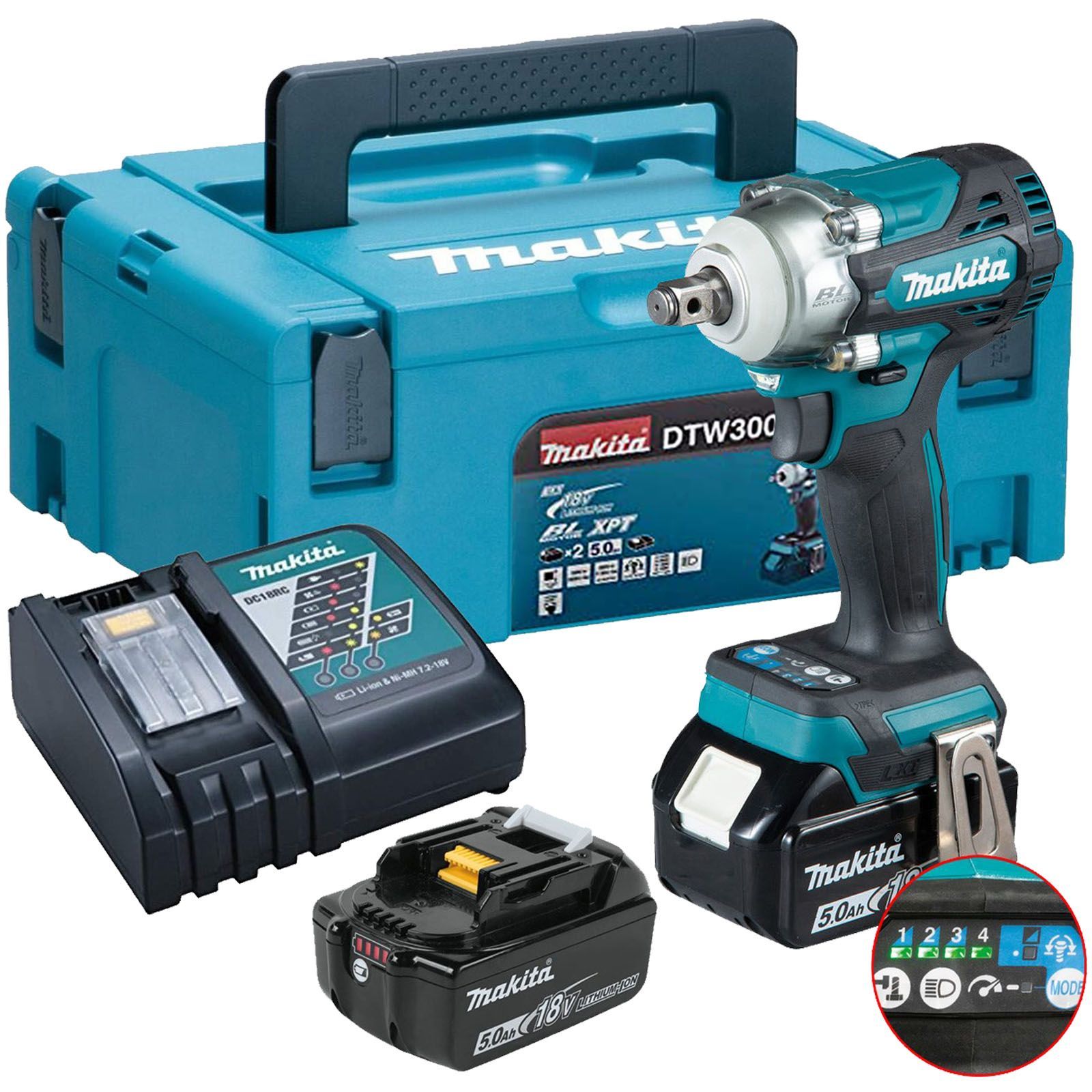 Una chiave a impulsi a batteria Makita con due batterie e un caricabatteria.
