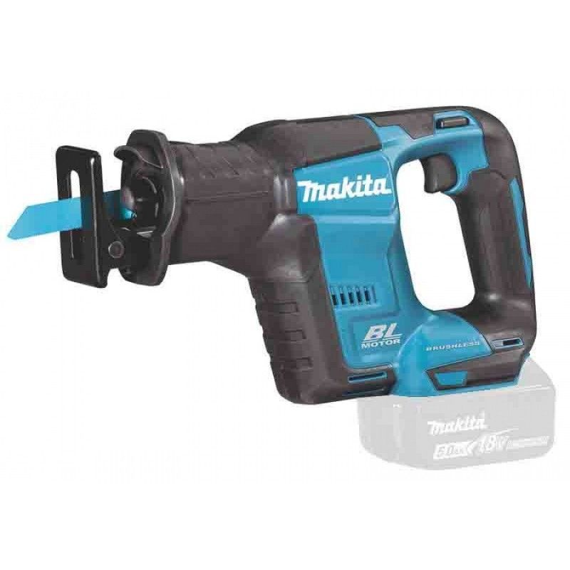 Un seghetto alternativo a batteria Makita è appoggiato su una superficie bianca.