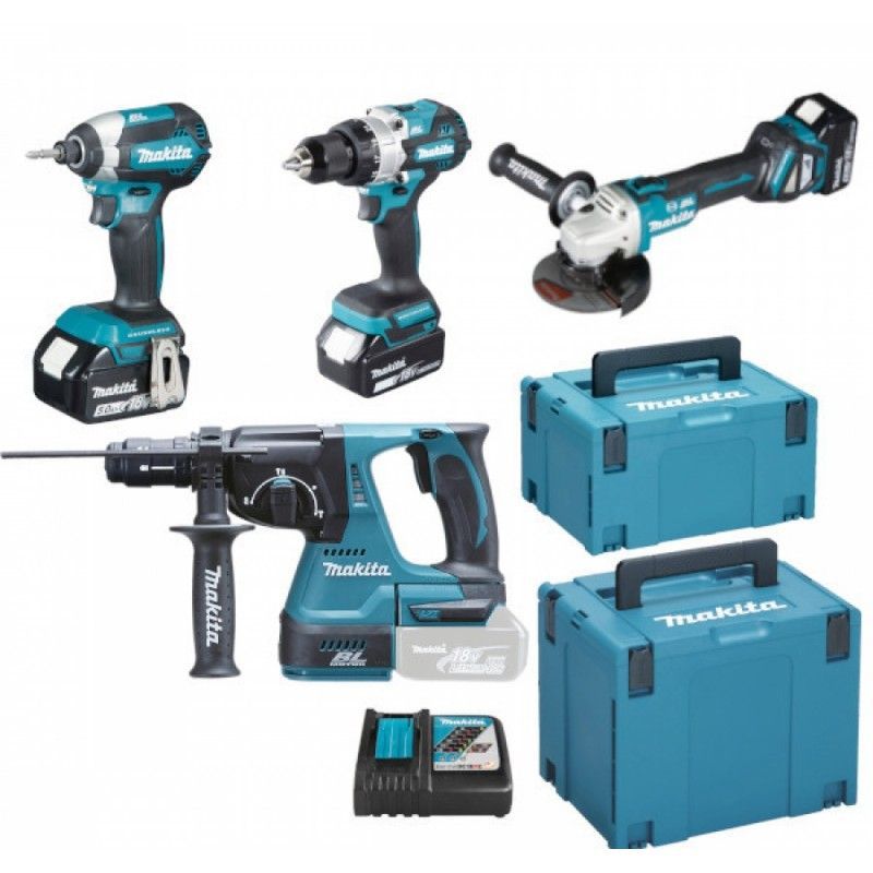 Un set di utensili Makita tra cui un trapano e una smerigliatrice