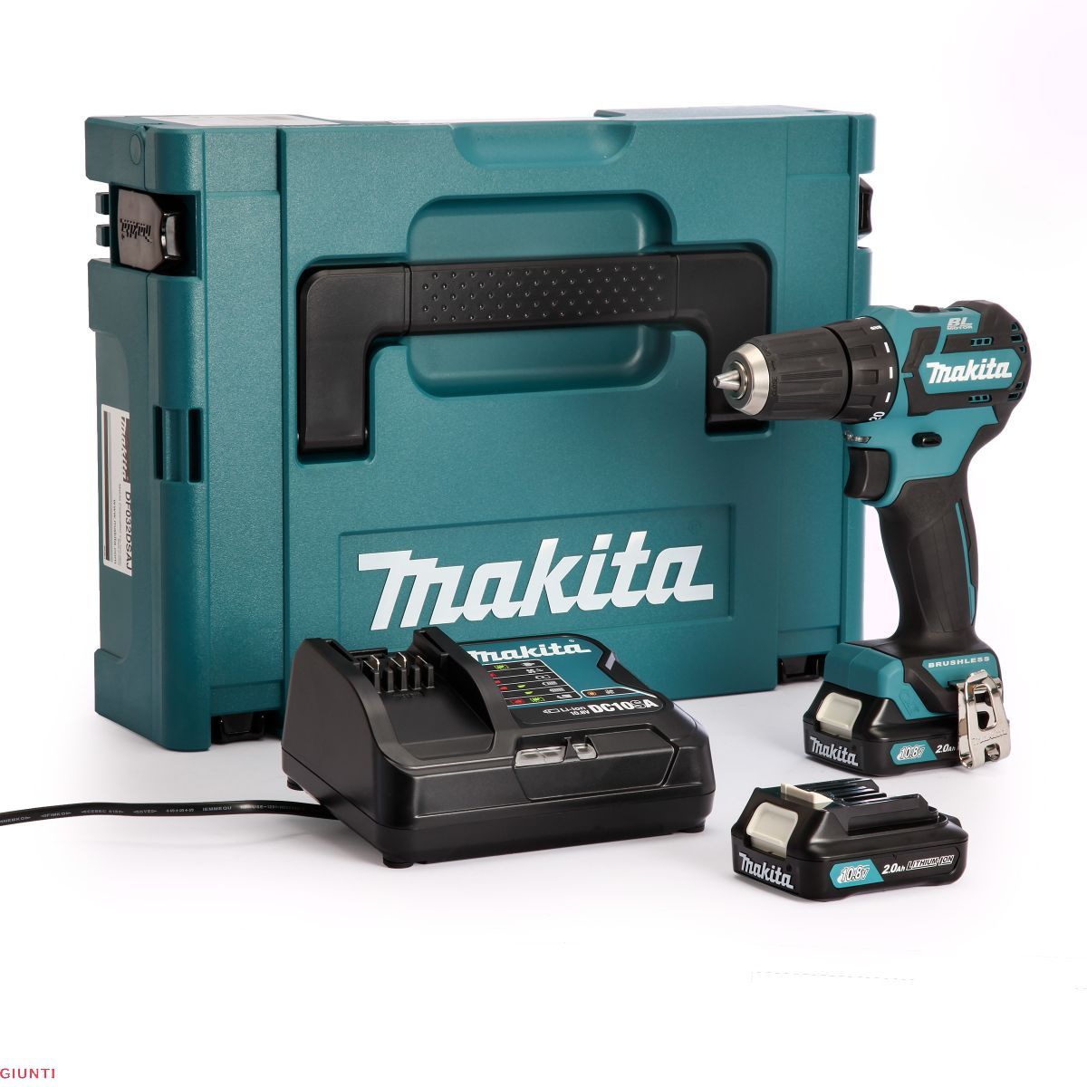 Un trapano a batteria Makita e un caricabatterie in una scatola blu