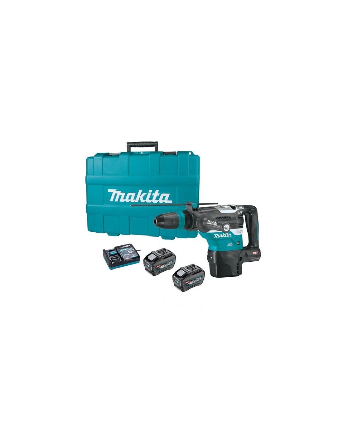 Un martello a batteria Makita con due batterie e una custodia.